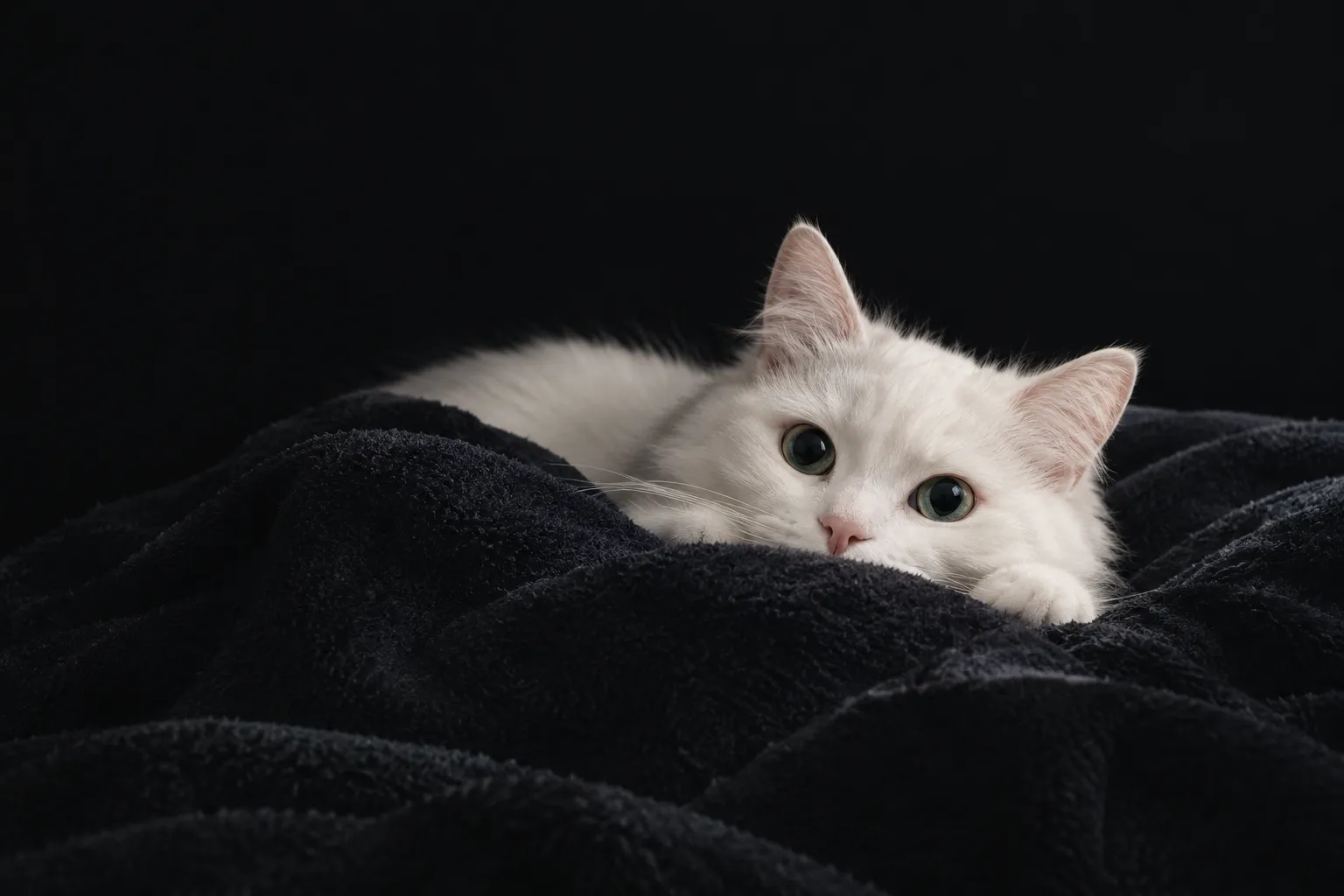 Wilhelm, a white cat, peeking out from a black blanket